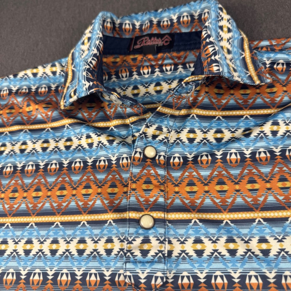 Rafter C Mens Southwestern Geometric Print Pearl Snap Polo Shirt Blue Orange S